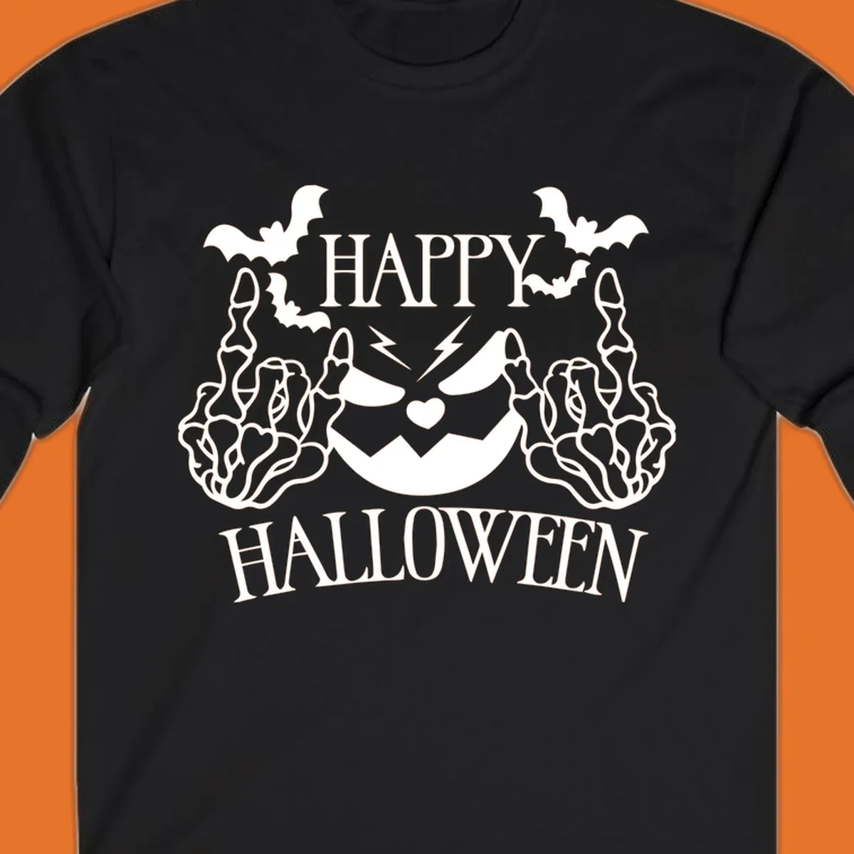 Spooky skeleton hands giving the middle finger with a jack-o'-lantern and bats, text says Happy Halloween.