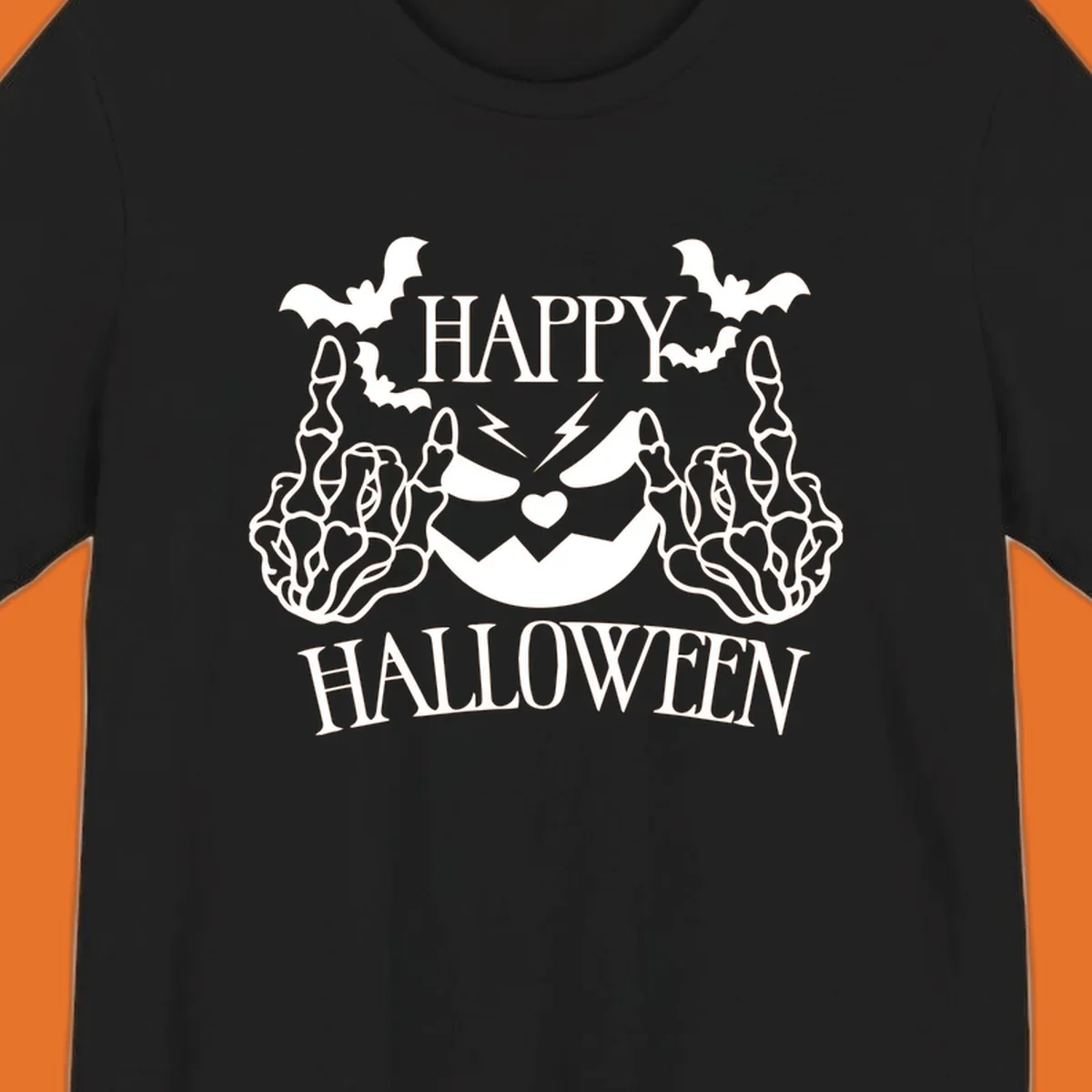 Spooky skeleton hands giving the middle finger with a jack-o'-lantern and bats, text says Happy Halloween.