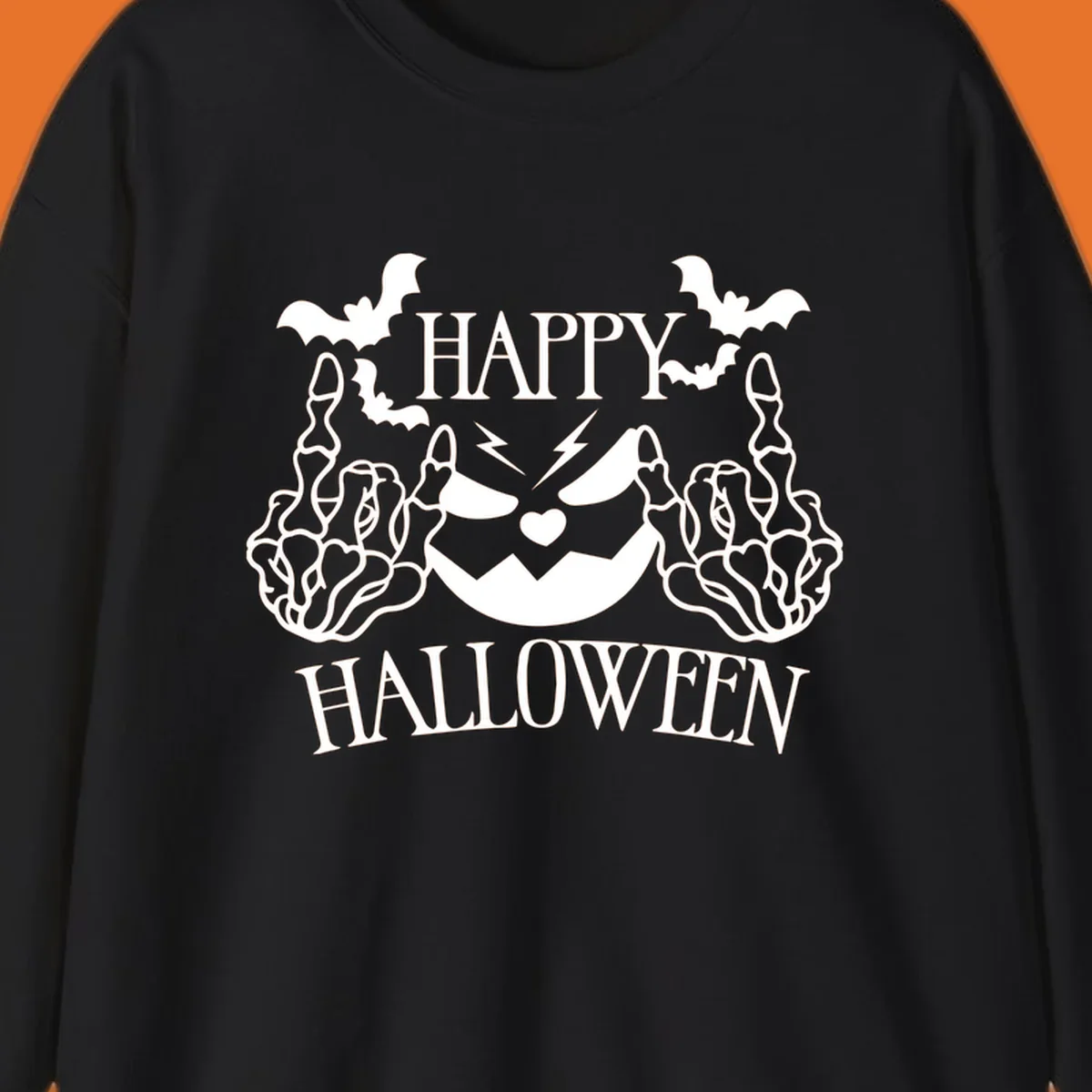 Spooky skeleton hands giving the middle finger with a jack-o'-lantern and bats, text says Happy Halloween.