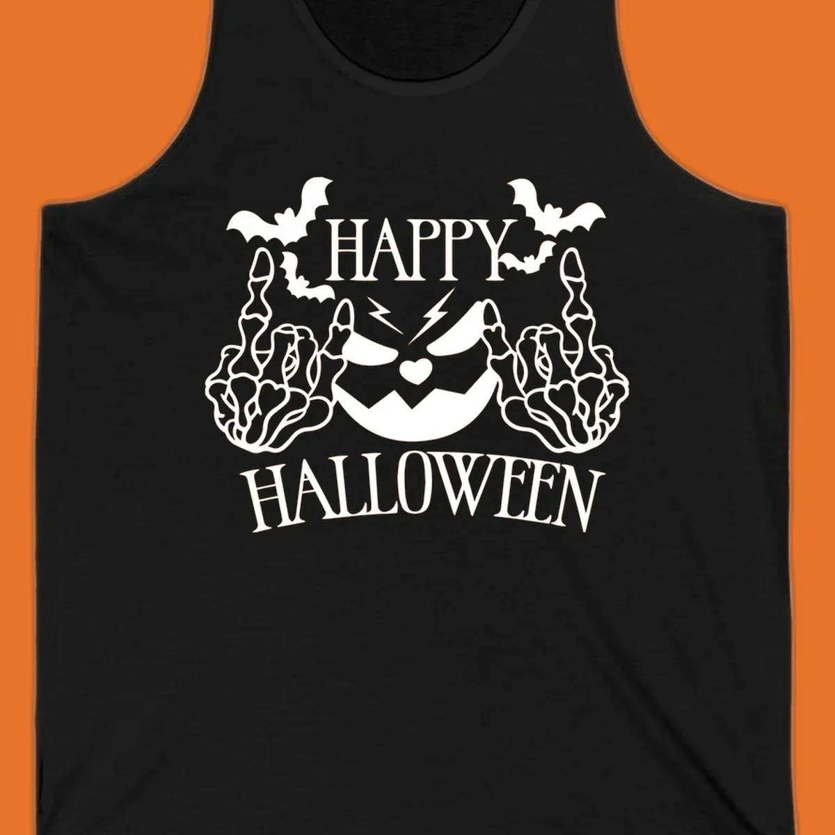 Spooky skeleton hands giving the middle finger with a jack-o'-lantern and bats, text says Happy Halloween.