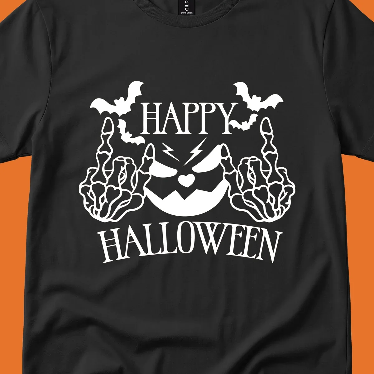 Spooky skeleton hands giving the middle finger with a jack-o'-lantern and bats, text says Happy Halloween.