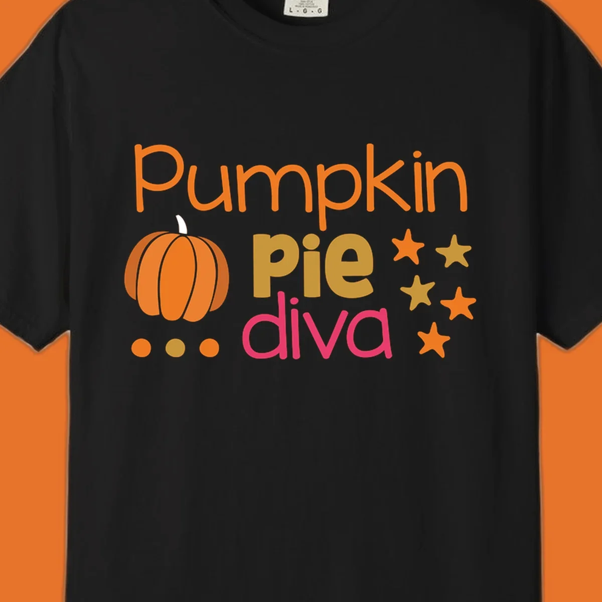 Pumpkin Pie Diva text and illustration with stars and dots