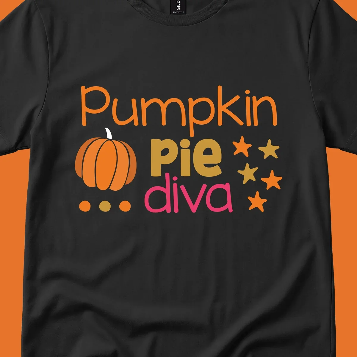 Pumpkin Pie Diva text and illustration with stars and dots