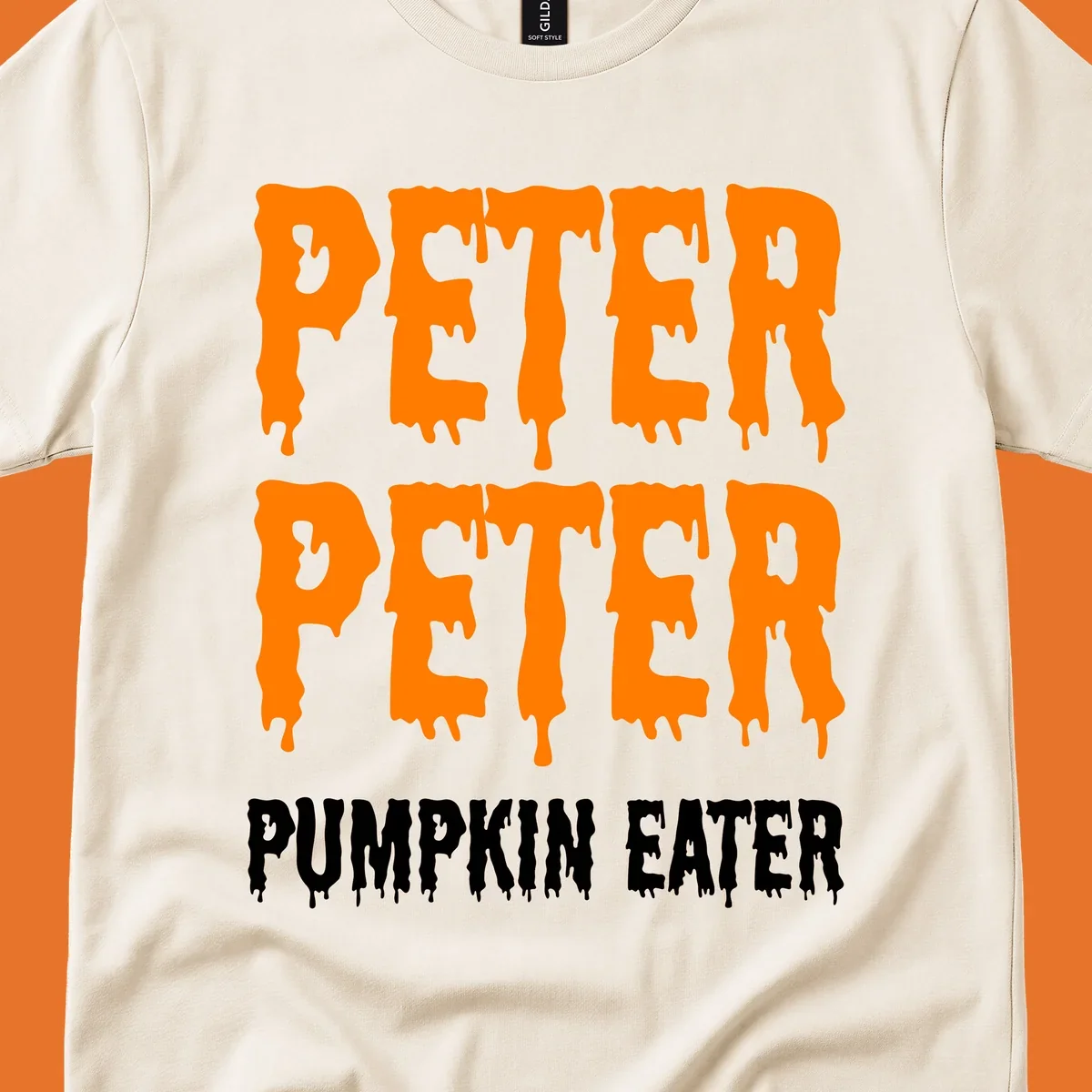 Peter Peter Pumpkin Eater text design with dripping orange and white letters on a black background.