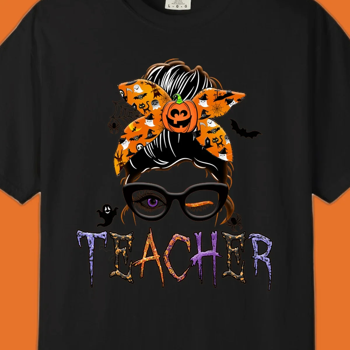 Halloween teacher messy bun with pumpkin spice bandana and glasses, text TEACHER.