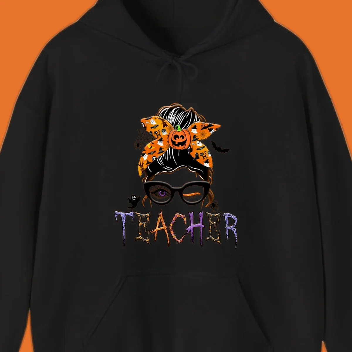 Halloween teacher messy bun with pumpkin spice bandana and glasses, text TEACHER.