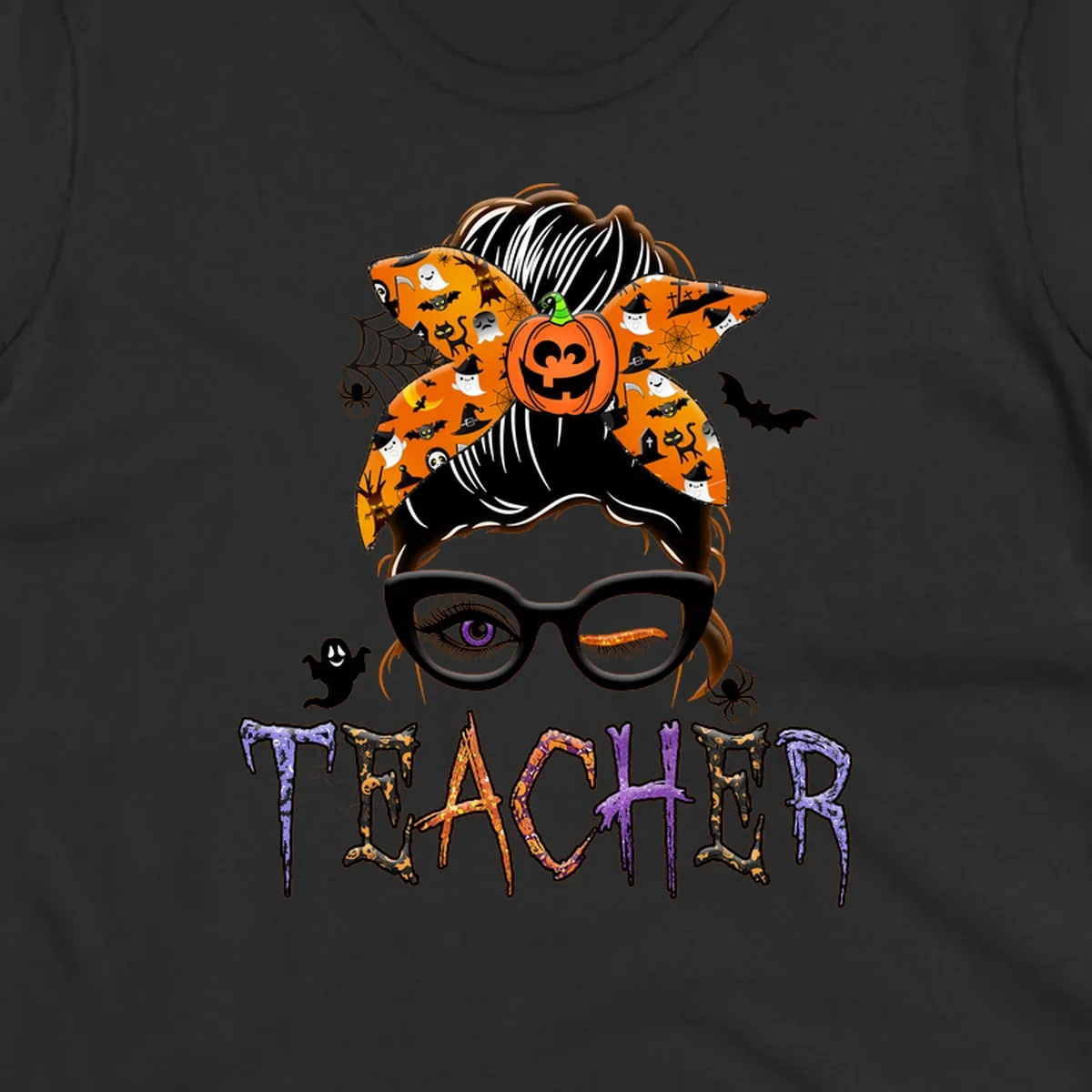 Halloween teacher messy bun with pumpkin spice bandana and glasses, text TEACHER.