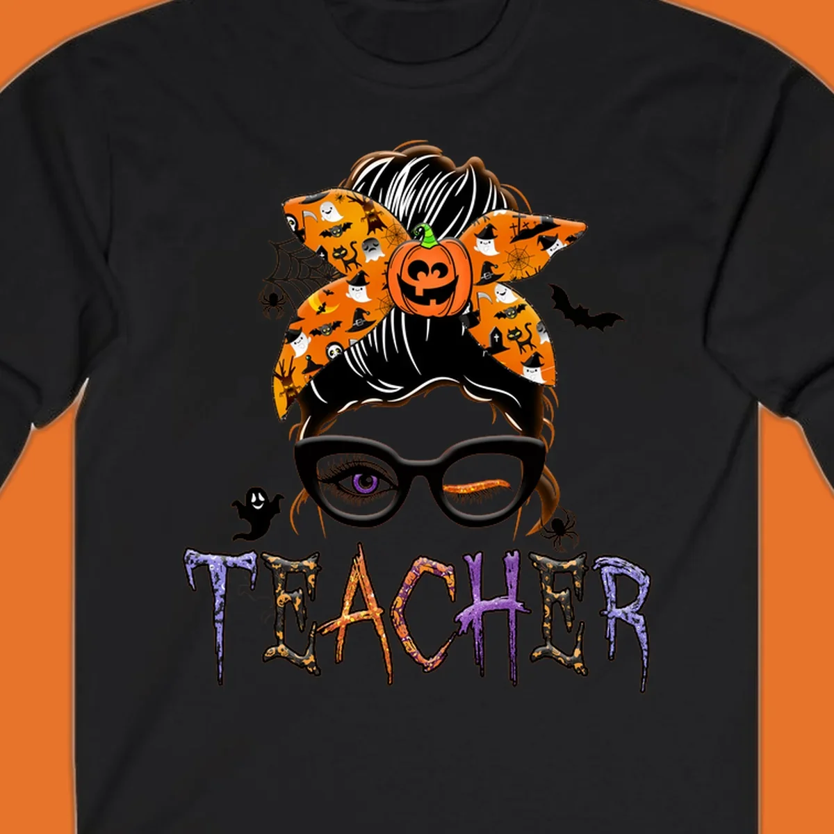 Halloween teacher messy bun with pumpkin spice bandana and glasses, text TEACHER.