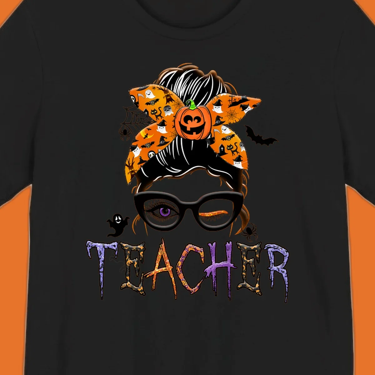 Halloween teacher messy bun with pumpkin spice bandana and glasses, text TEACHER.