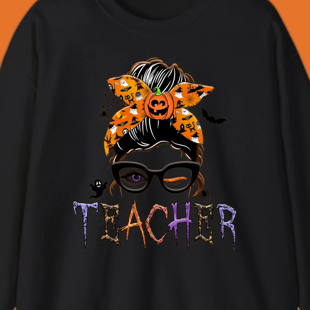 Halloween teacher messy bun with pumpkin spice bandana and glasses, text TEACHER.