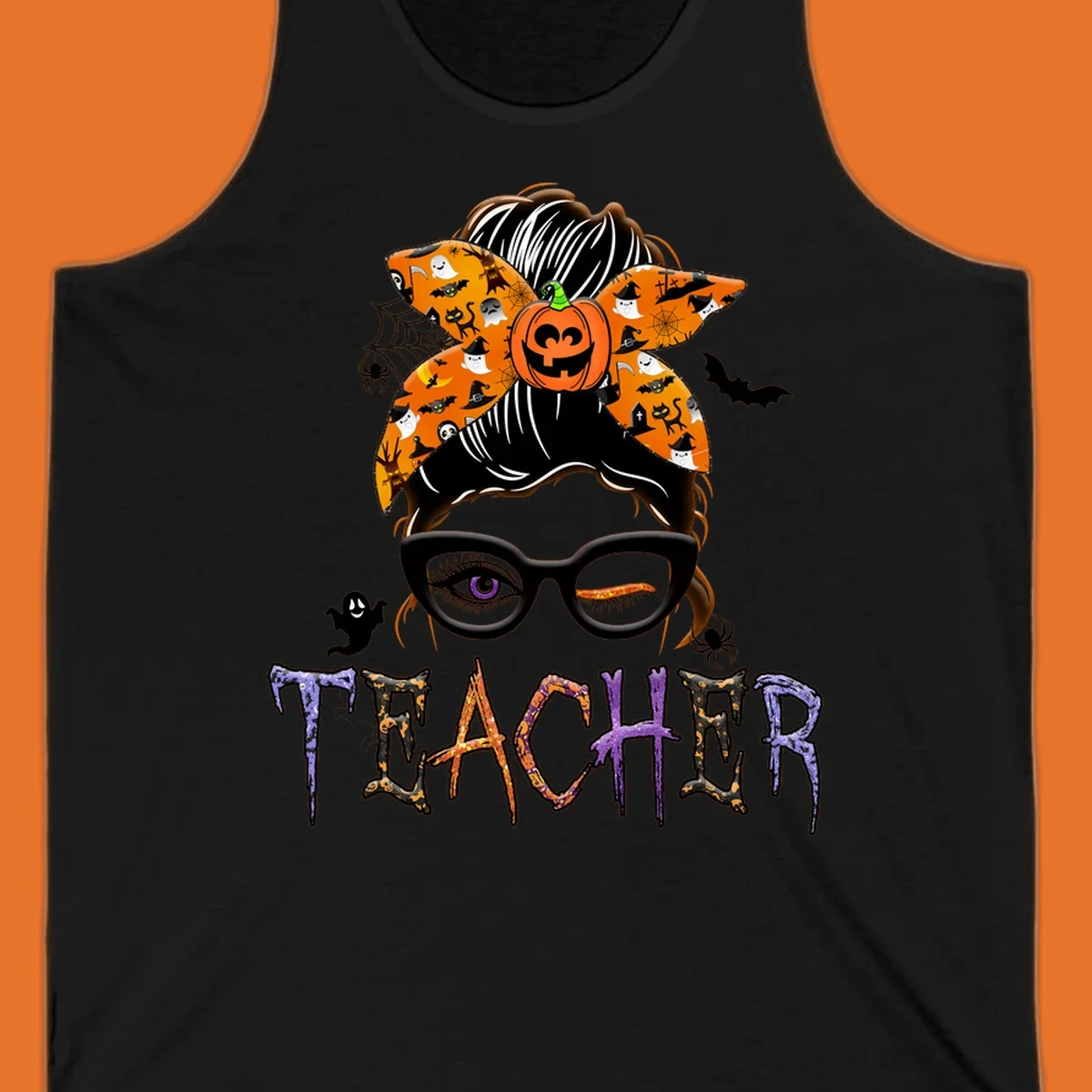 Halloween teacher messy bun with pumpkin spice bandana and glasses, text TEACHER.