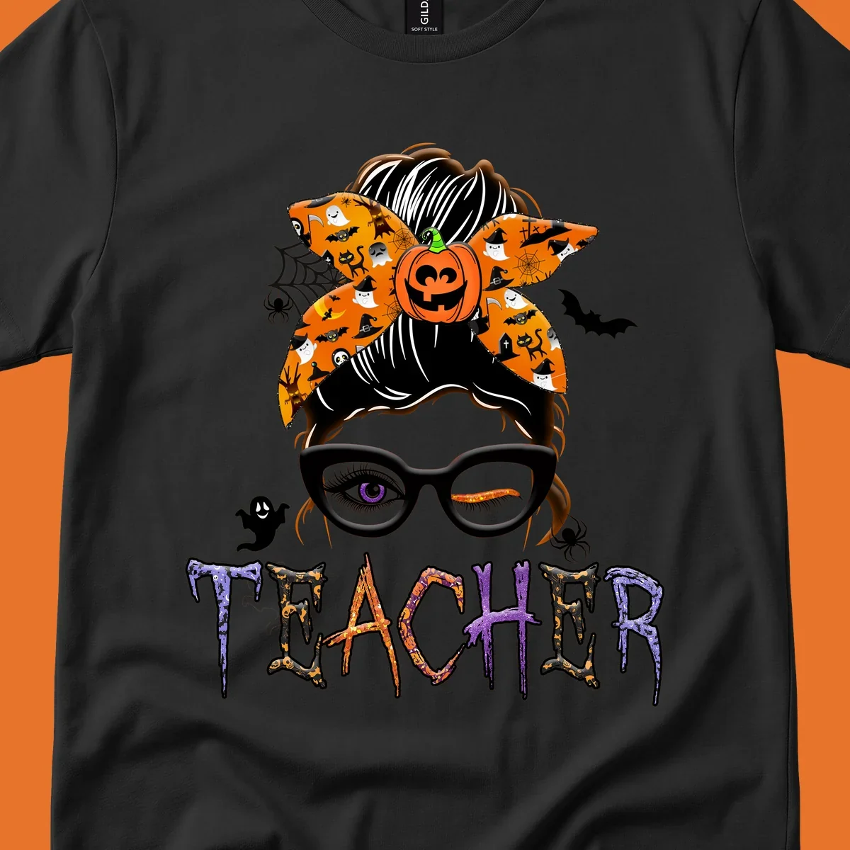Halloween teacher messy bun with pumpkin spice bandana and glasses, text TEACHER.