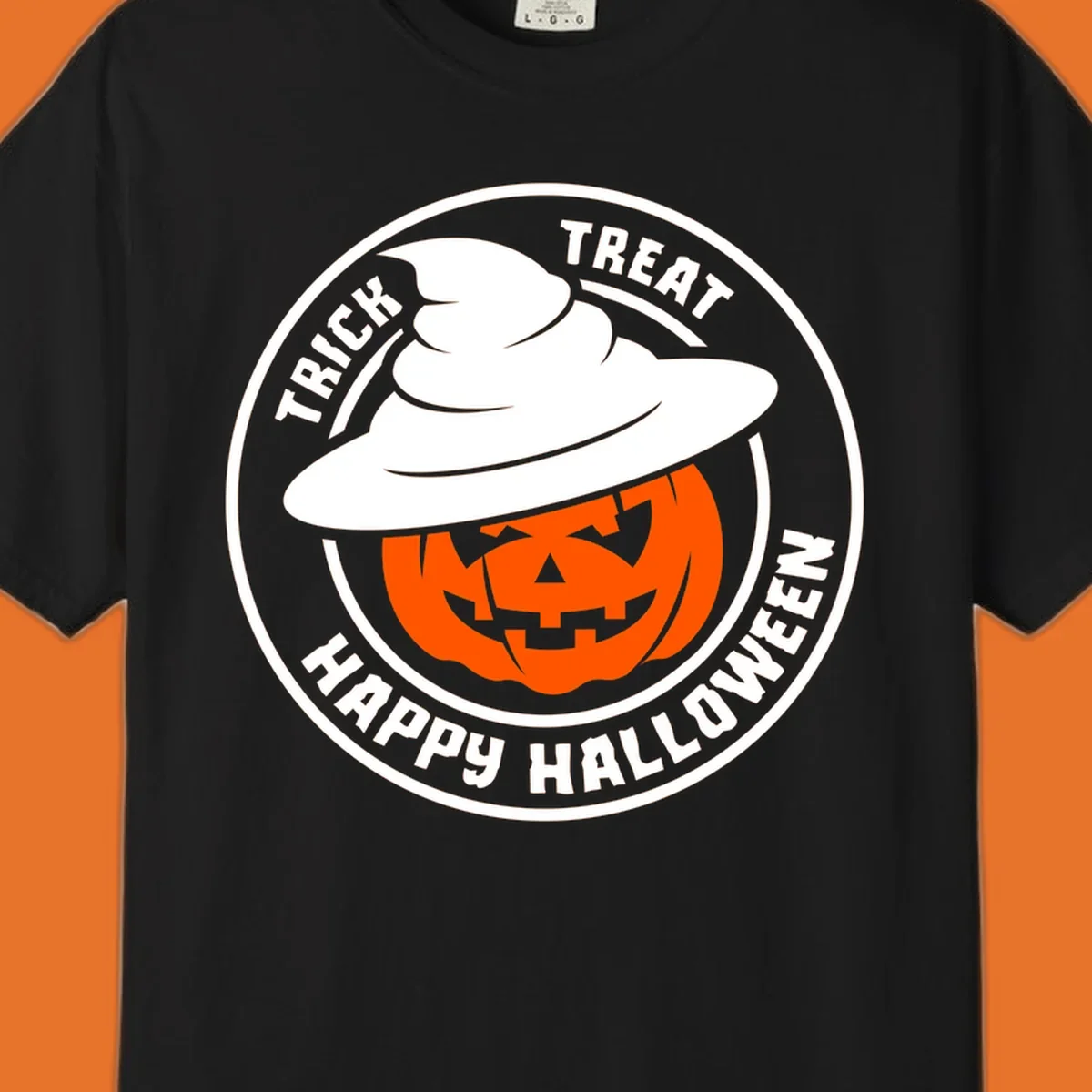 Happy Halloween pumpkin wearing a witch hat, circular emblem design.