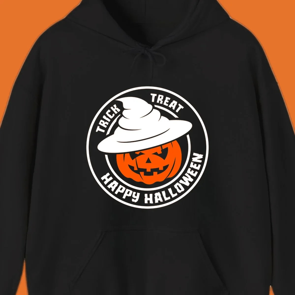 Happy Halloween pumpkin wearing a witch hat, circular emblem design.