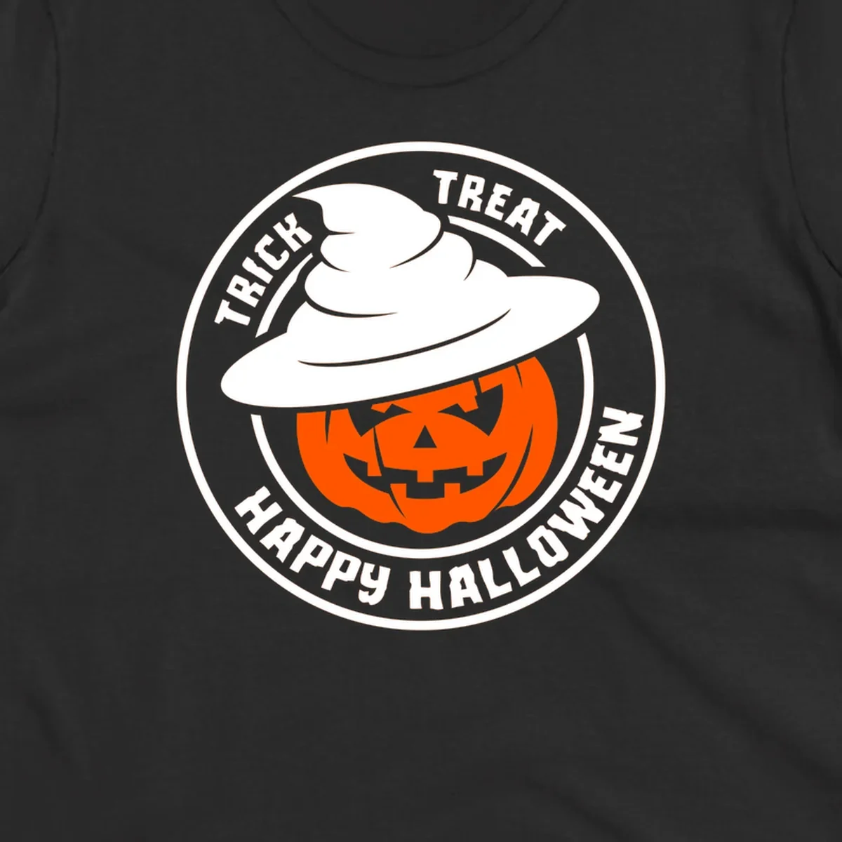 Happy Halloween pumpkin wearing a witch hat, circular emblem design.