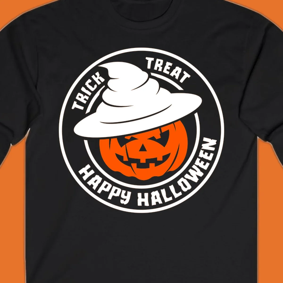 Happy Halloween pumpkin wearing a witch hat, circular emblem design.