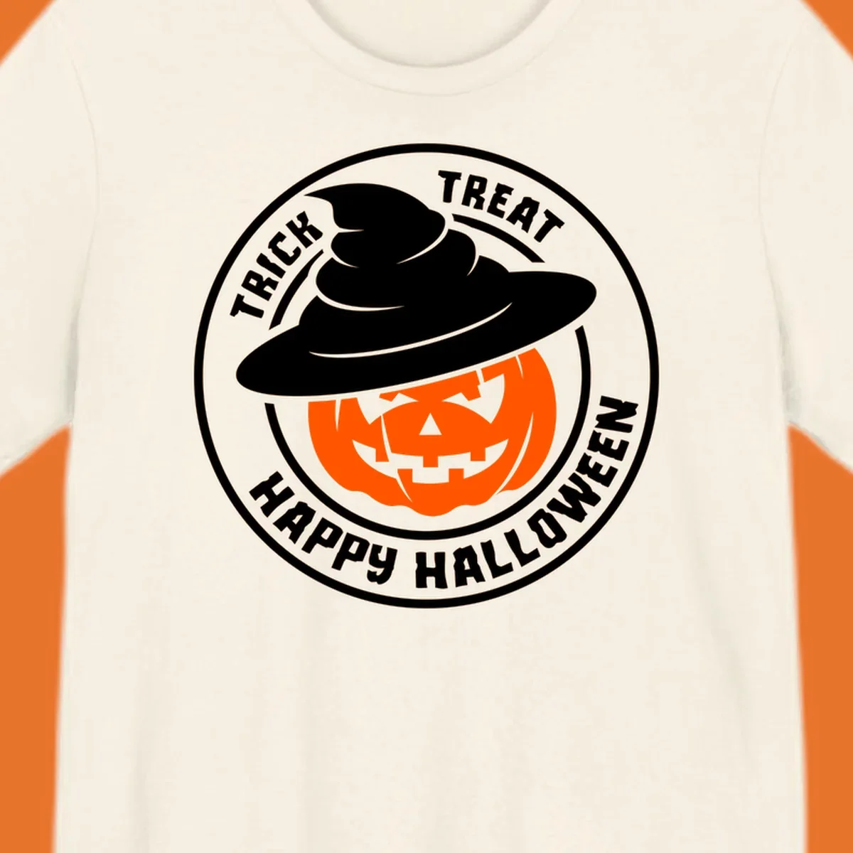 Happy Halloween pumpkin wearing a witch hat, circular emblem design.