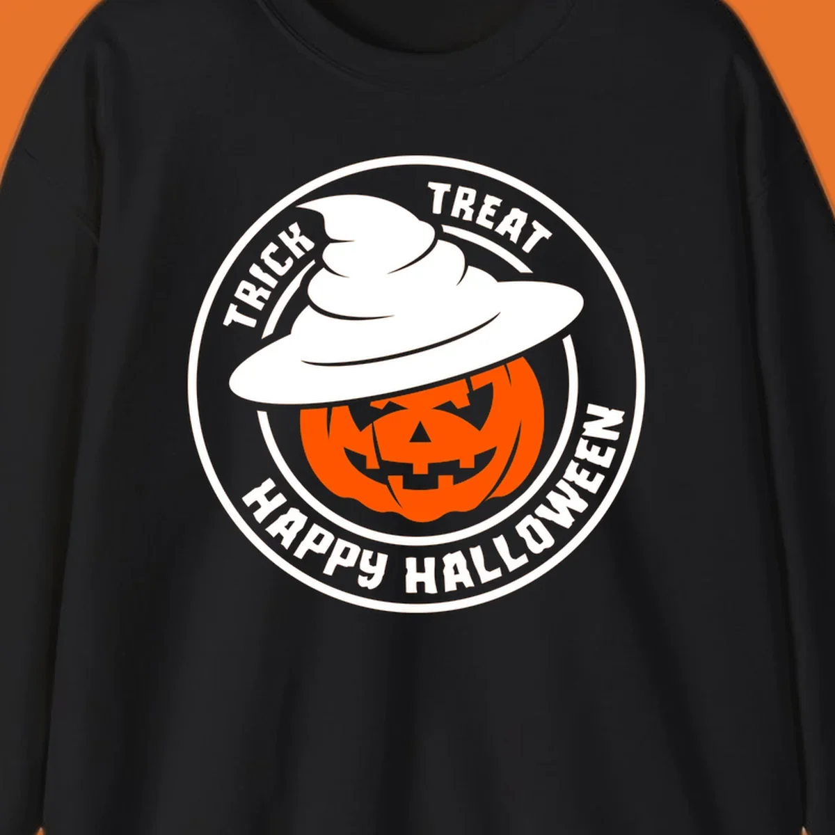 Happy Halloween pumpkin wearing a witch hat, circular emblem design.