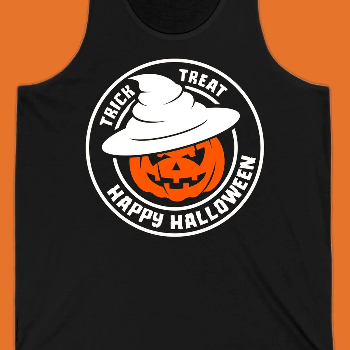 Happy Halloween pumpkin wearing a witch hat, circular emblem design.