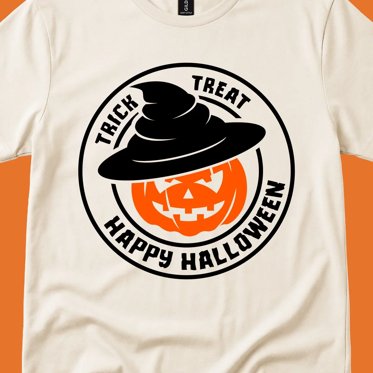 Happy Halloween pumpkin wearing a witch hat, circular emblem design.