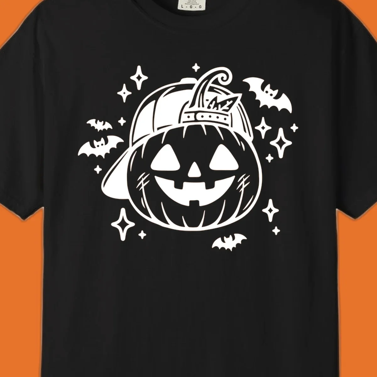 Cool halloween pumpkin in a baseball cap with bats and stars, black and white graphic.