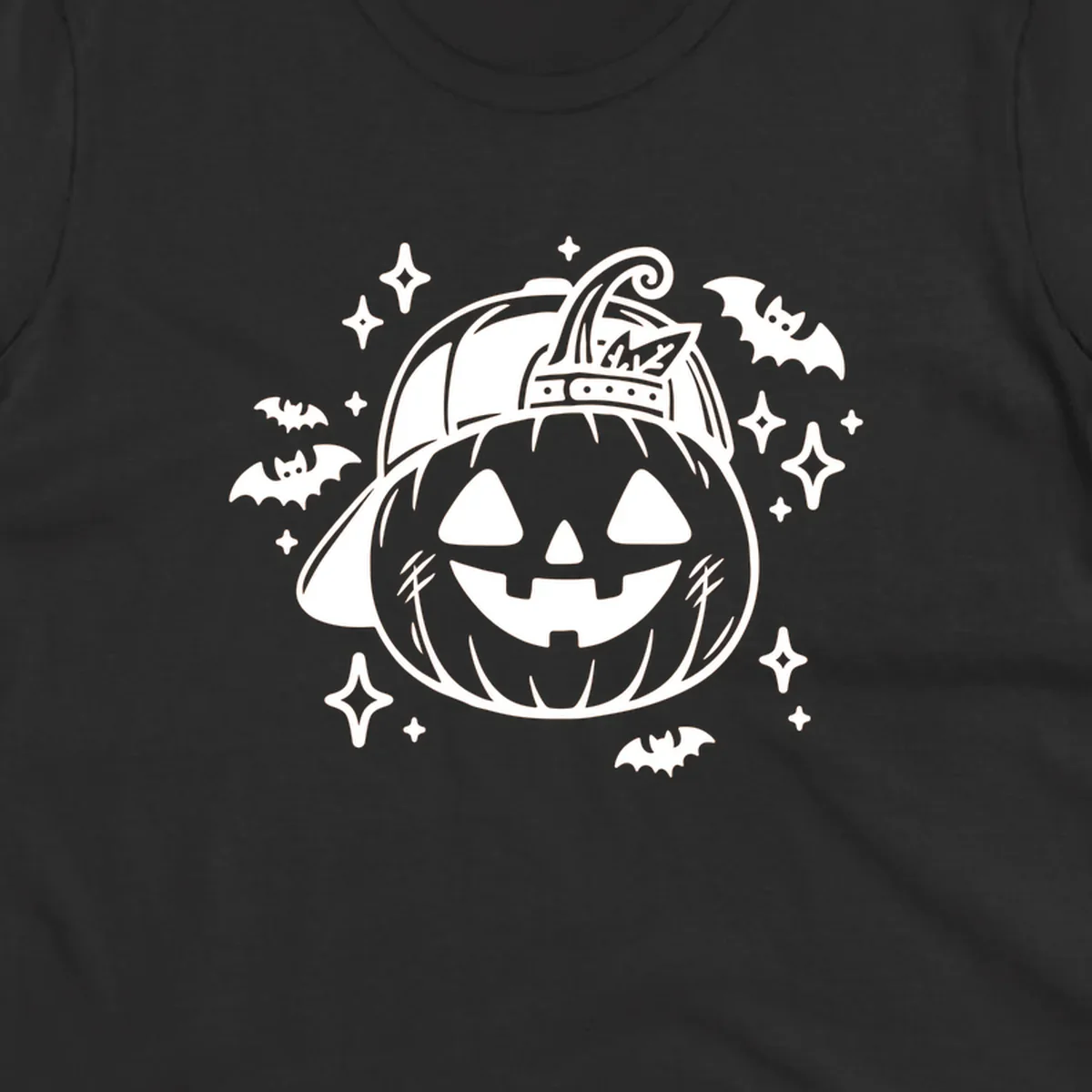 Cool halloween pumpkin in a baseball cap with bats and stars, black and white graphic.