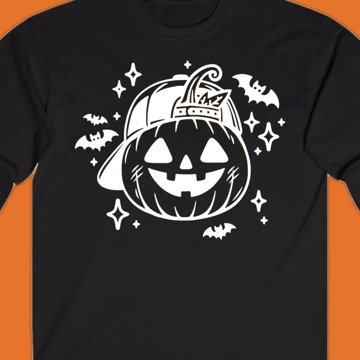 Cool halloween pumpkin in a baseball cap with bats and stars, black and white graphic.