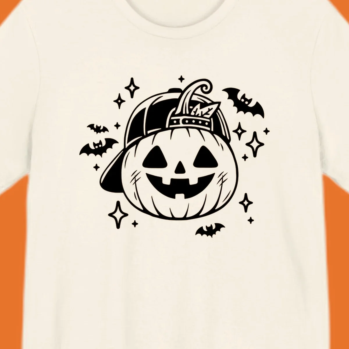 Cool halloween pumpkin in a baseball cap with bats and stars, black and white graphic.
