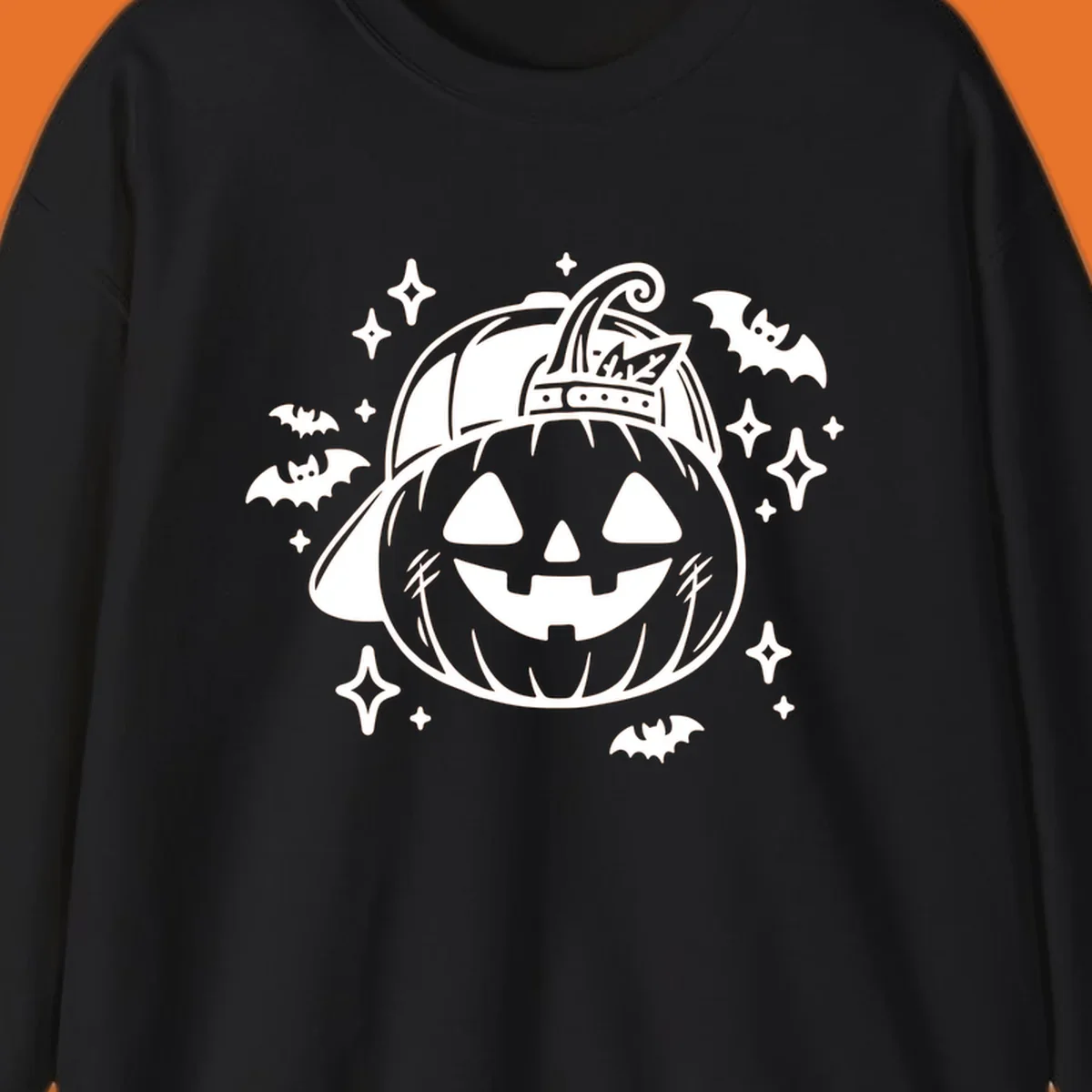 Cool halloween pumpkin in a baseball cap with bats and stars, black and white graphic.