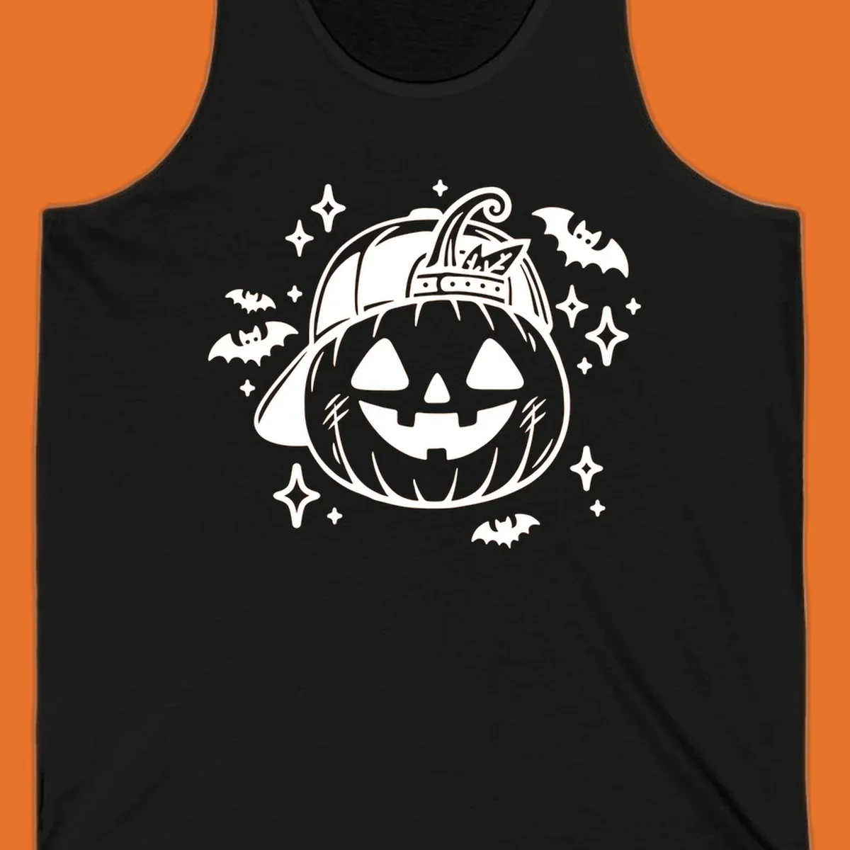 Cool halloween pumpkin in a baseball cap with bats and stars, black and white graphic.
