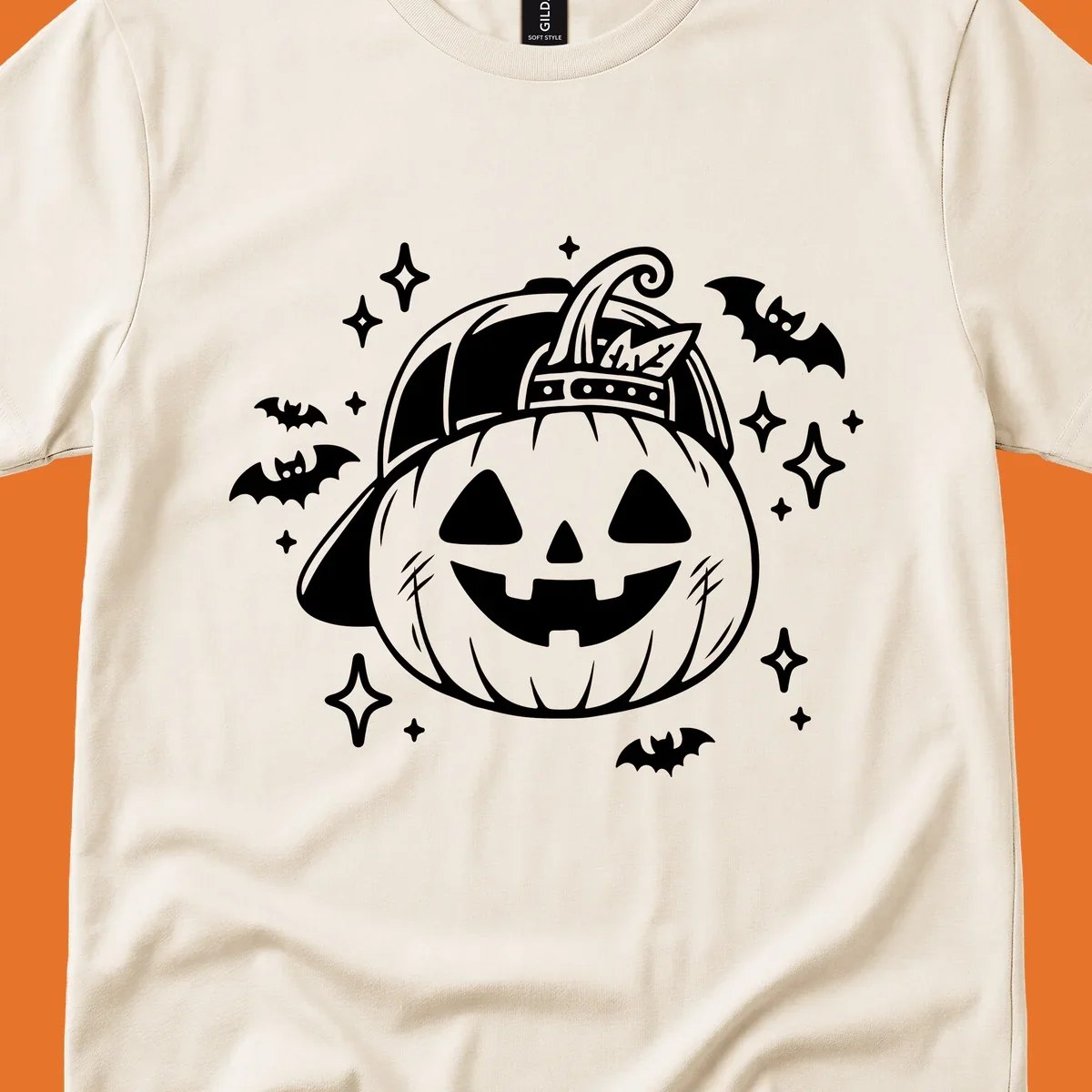Cool halloween pumpkin in a baseball cap with bats and stars, black and white graphic.