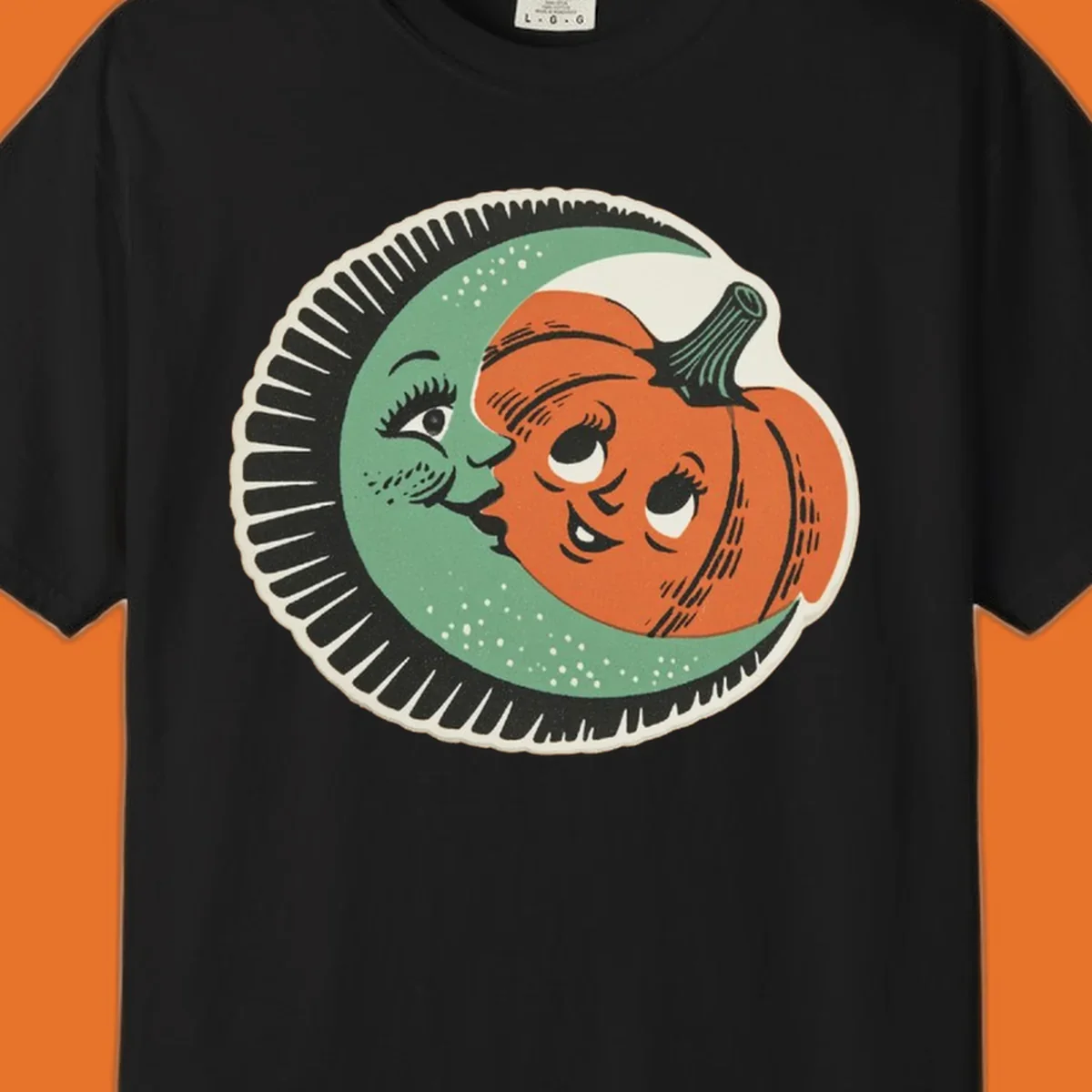 Vintage moon and pumpkin characters smiling together, moon-and-pumpkin-friends graphic