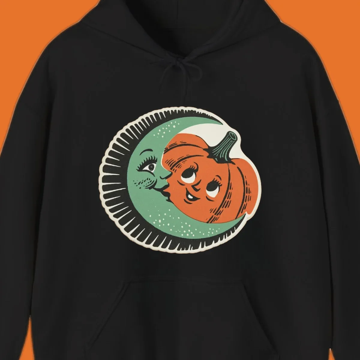 Vintage moon and pumpkin characters smiling together, moon-and-pumpkin-friends graphic