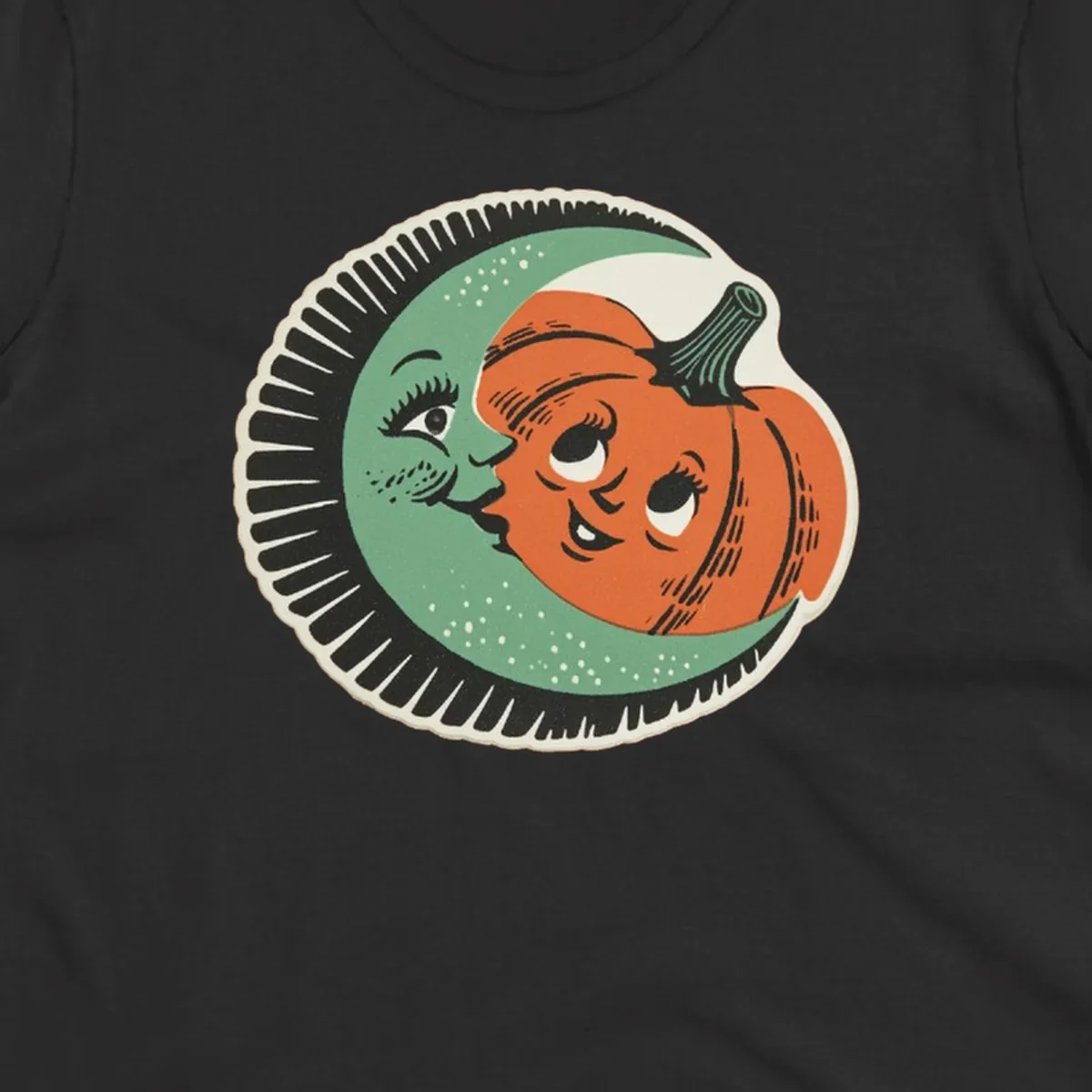 Vintage moon and pumpkin characters smiling together, moon-and-pumpkin-friends graphic