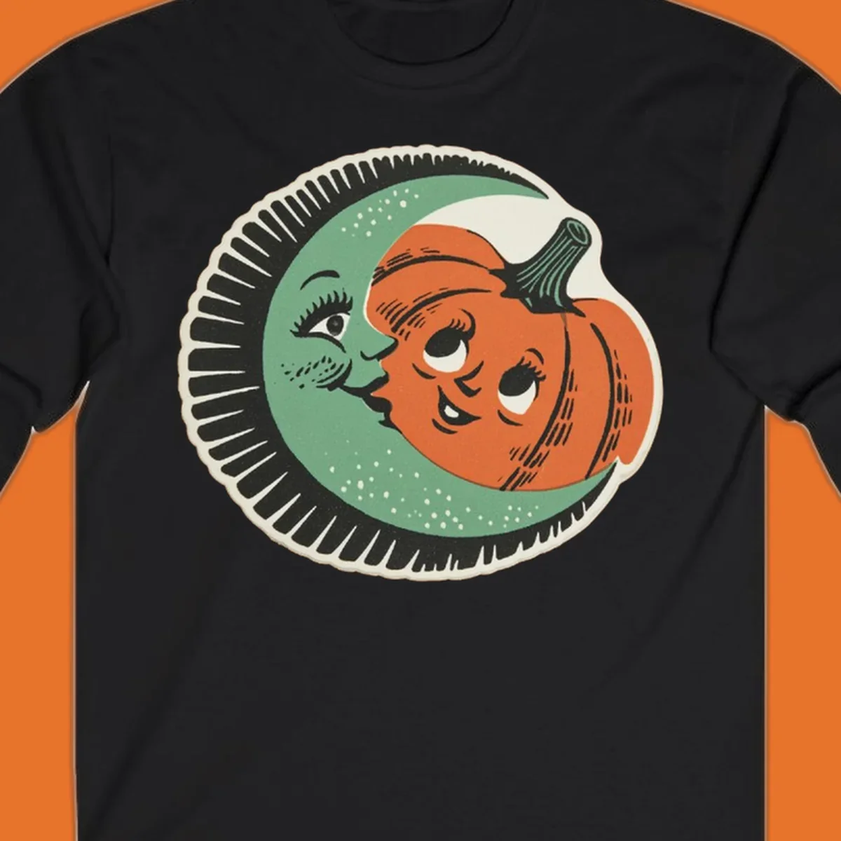 Vintage moon and pumpkin characters smiling together, moon-and-pumpkin-friends graphic