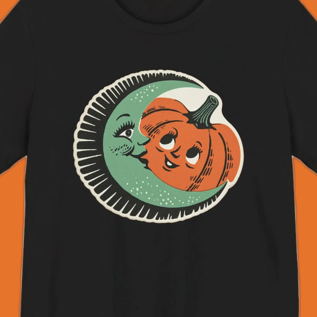Vintage moon and pumpkin characters smiling together, moon-and-pumpkin-friends graphic