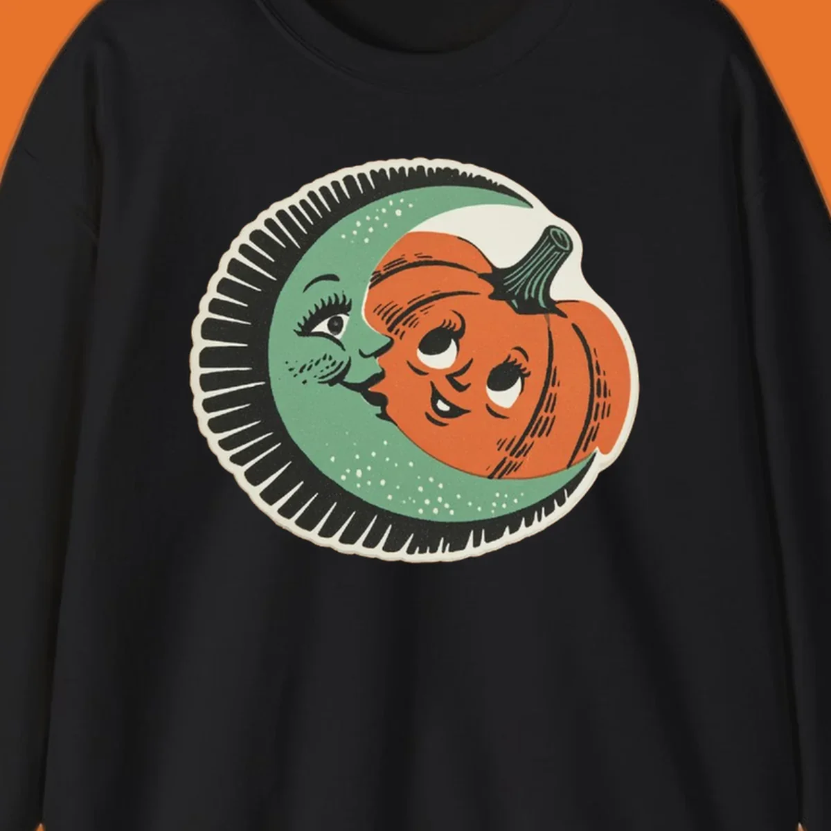 Vintage moon and pumpkin characters smiling together, moon-and-pumpkin-friends graphic