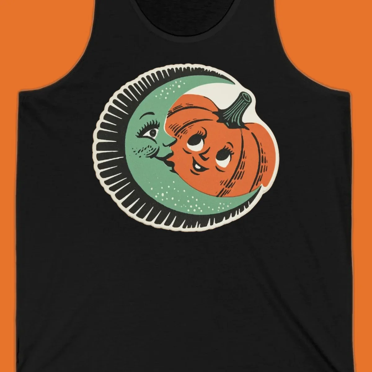 Vintage moon and pumpkin characters smiling together, moon-and-pumpkin-friends graphic
