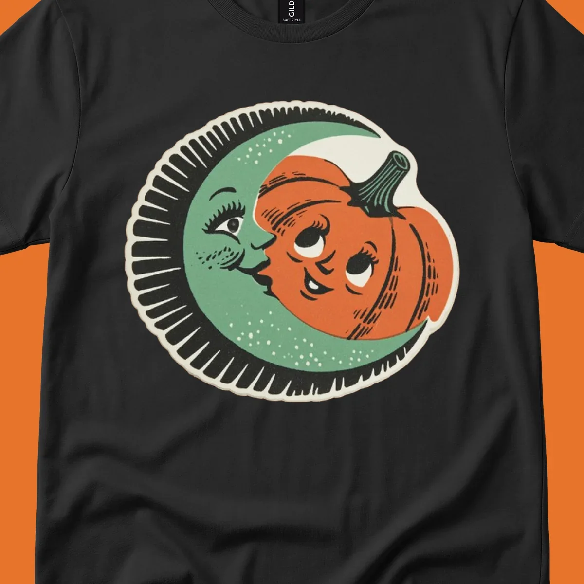 Vintage moon and pumpkin characters smiling together, moon-and-pumpkin-friends graphic