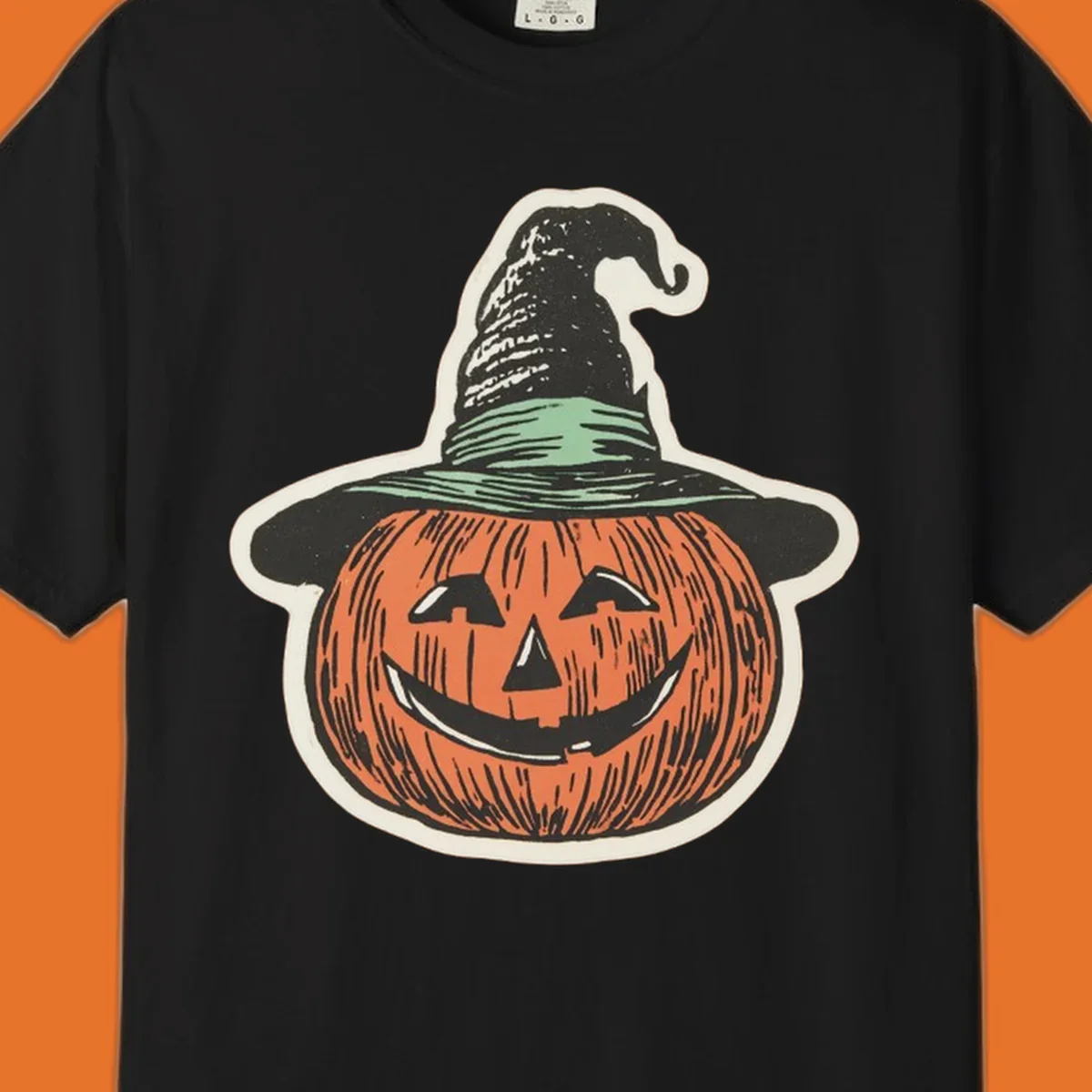 Vintage illustration of a smiling jack-o-lantern wearing a witch hat, perfect for halloween-pumpkin-witch themed apparel.