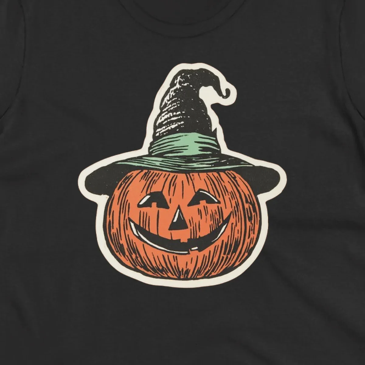 Vintage illustration of a smiling jack-o-lantern wearing a witch hat, perfect for halloween-pumpkin-witch themed apparel.