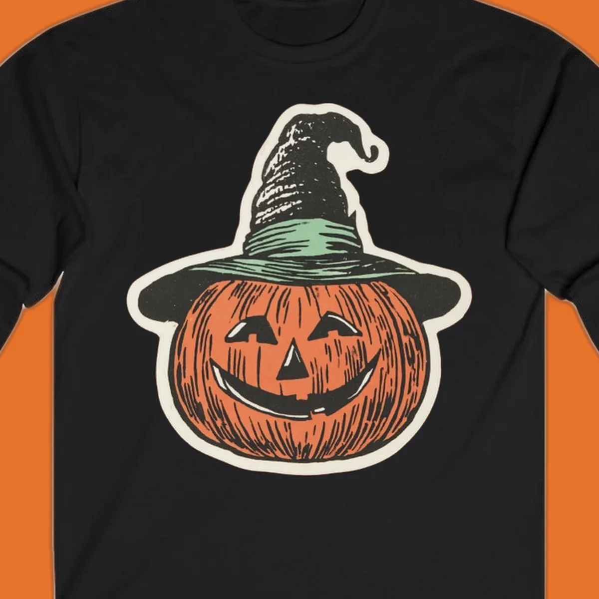 Vintage illustration of a smiling jack-o-lantern wearing a witch hat, perfect for halloween-pumpkin-witch themed apparel.