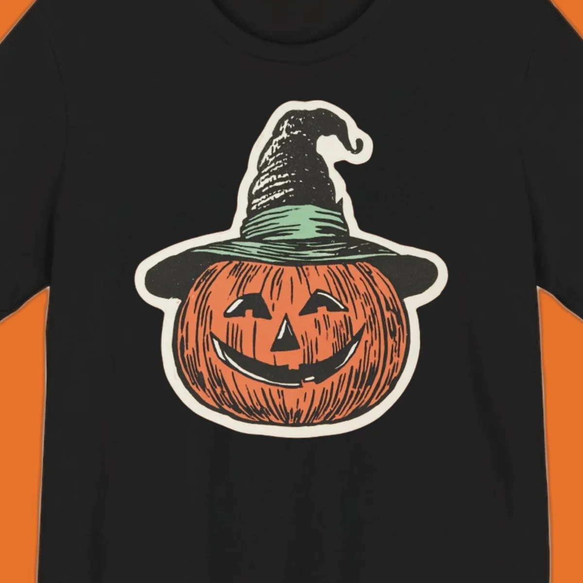 Vintage illustration of a smiling jack-o-lantern wearing a witch hat, perfect for halloween-pumpkin-witch themed apparel.