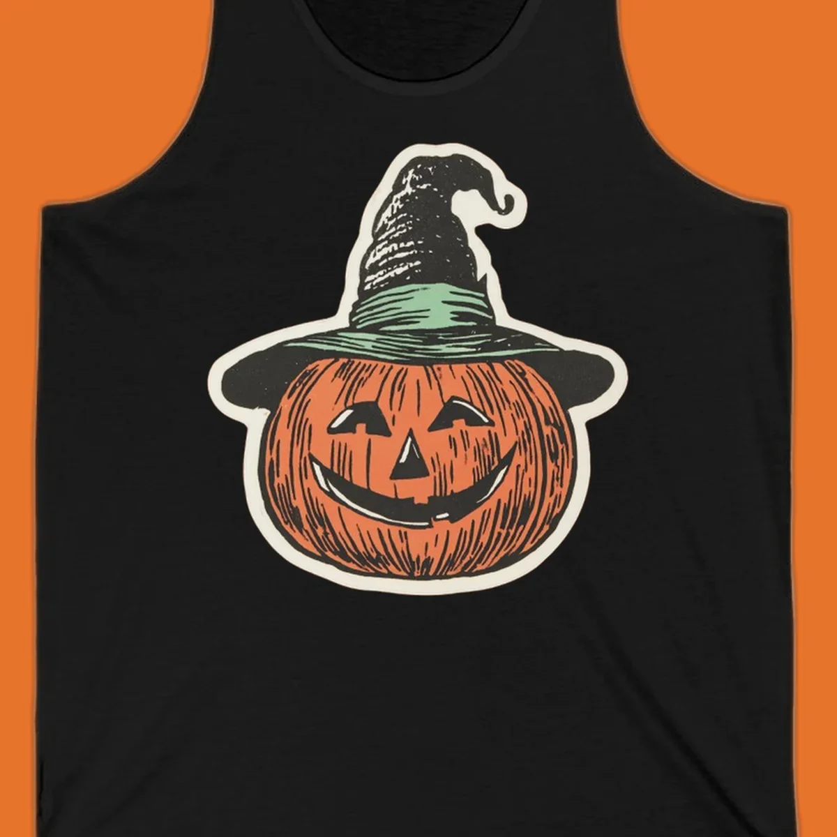 Vintage illustration of a smiling jack-o-lantern wearing a witch hat, perfect for halloween-pumpkin-witch themed apparel.