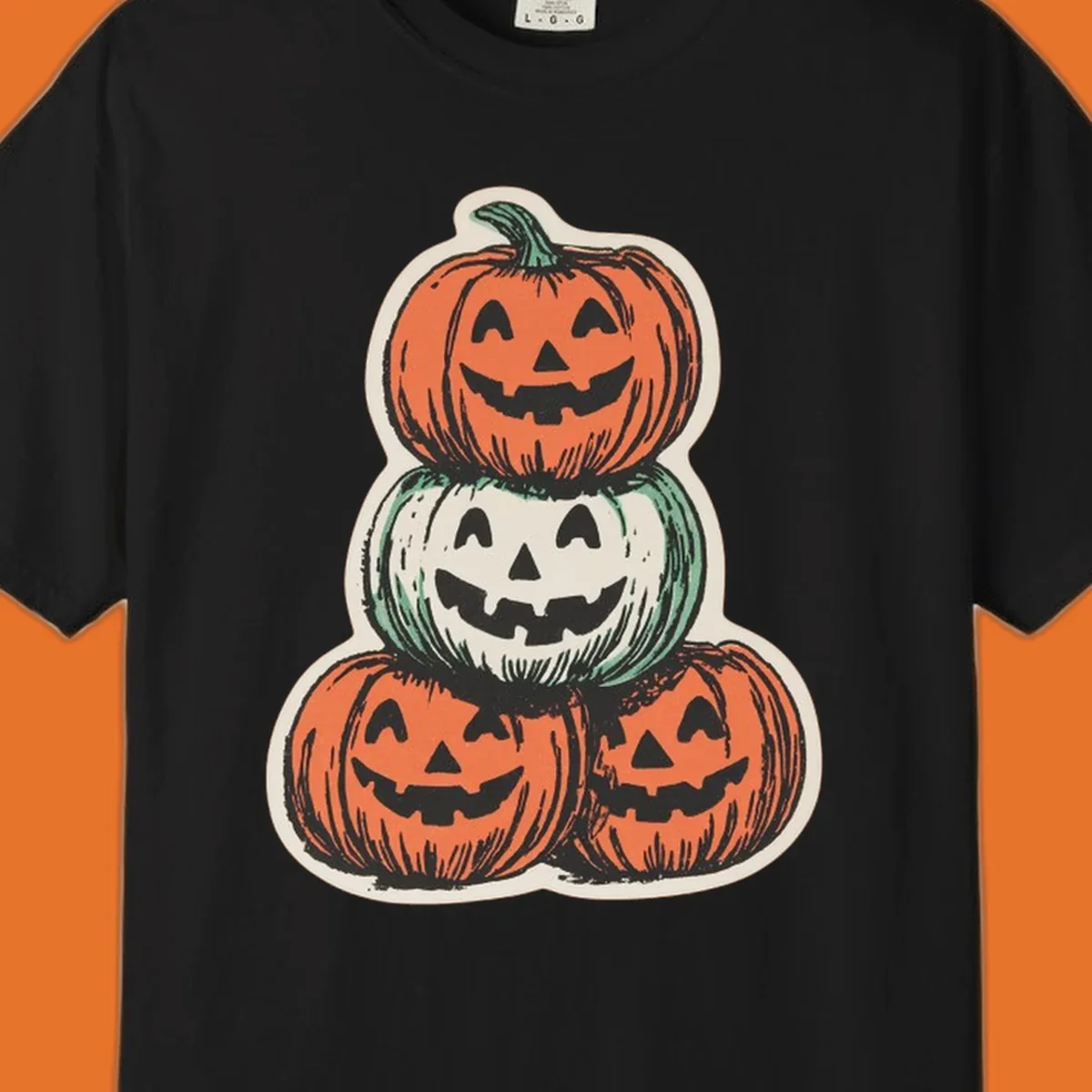 Stacked halloween pumpkins trio illustration with carved faces.