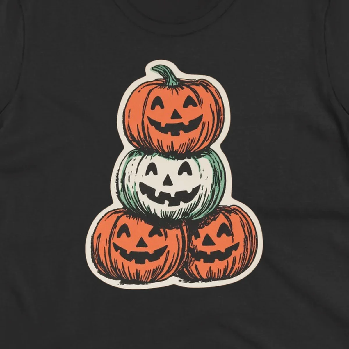 Stacked halloween pumpkins trio illustration with carved faces.