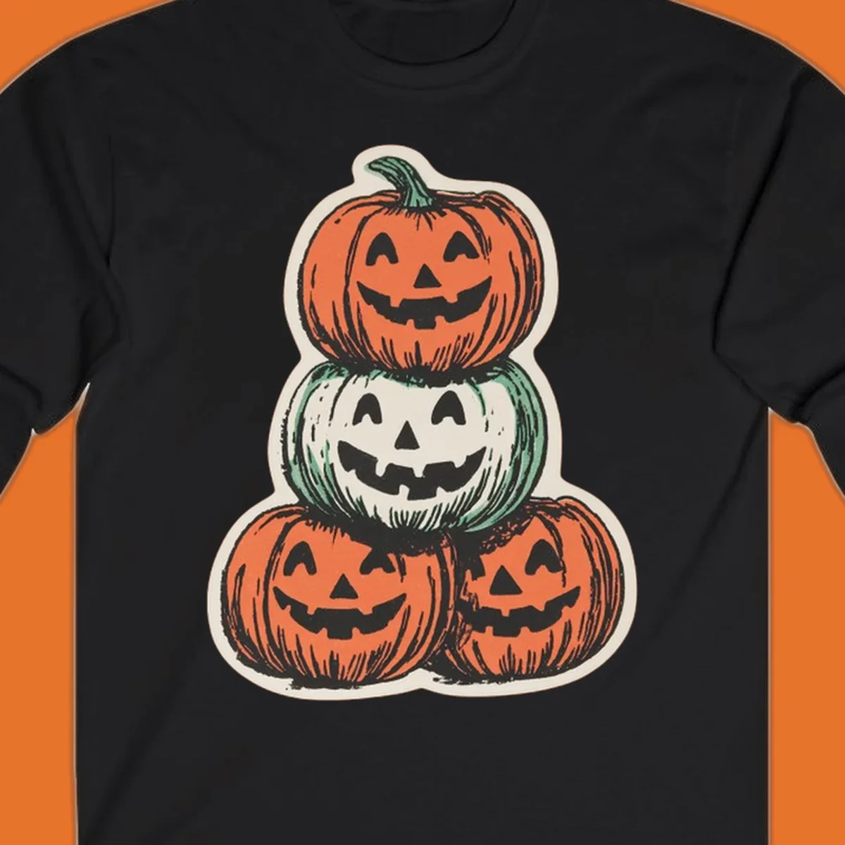 Stacked halloween pumpkins trio illustration with carved faces.
