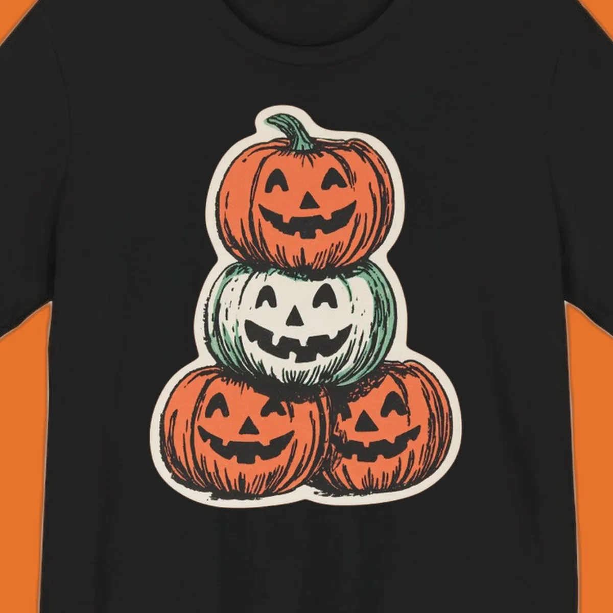 Stacked halloween pumpkins trio illustration with carved faces.