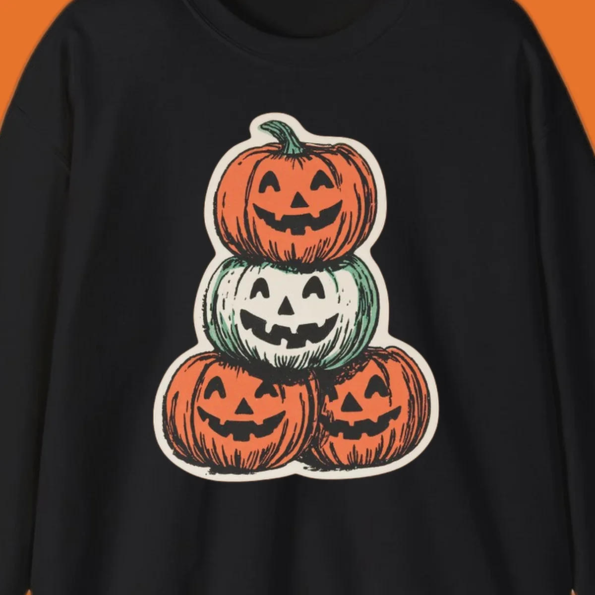 Stacked halloween pumpkins trio illustration with carved faces.