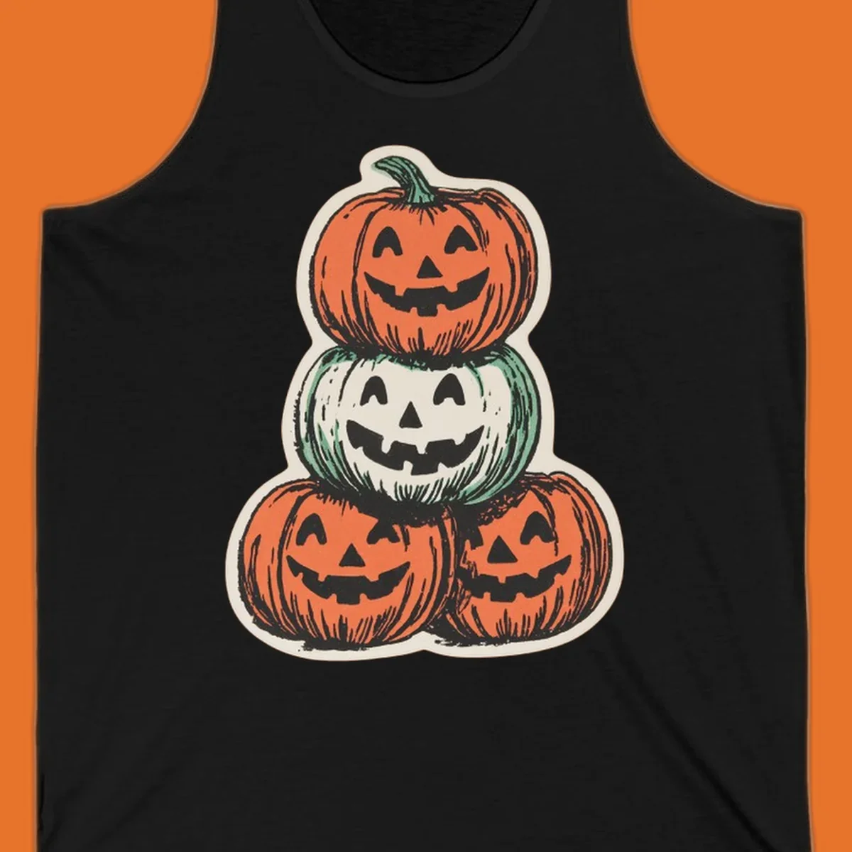 Stacked halloween pumpkins trio illustration with carved faces.